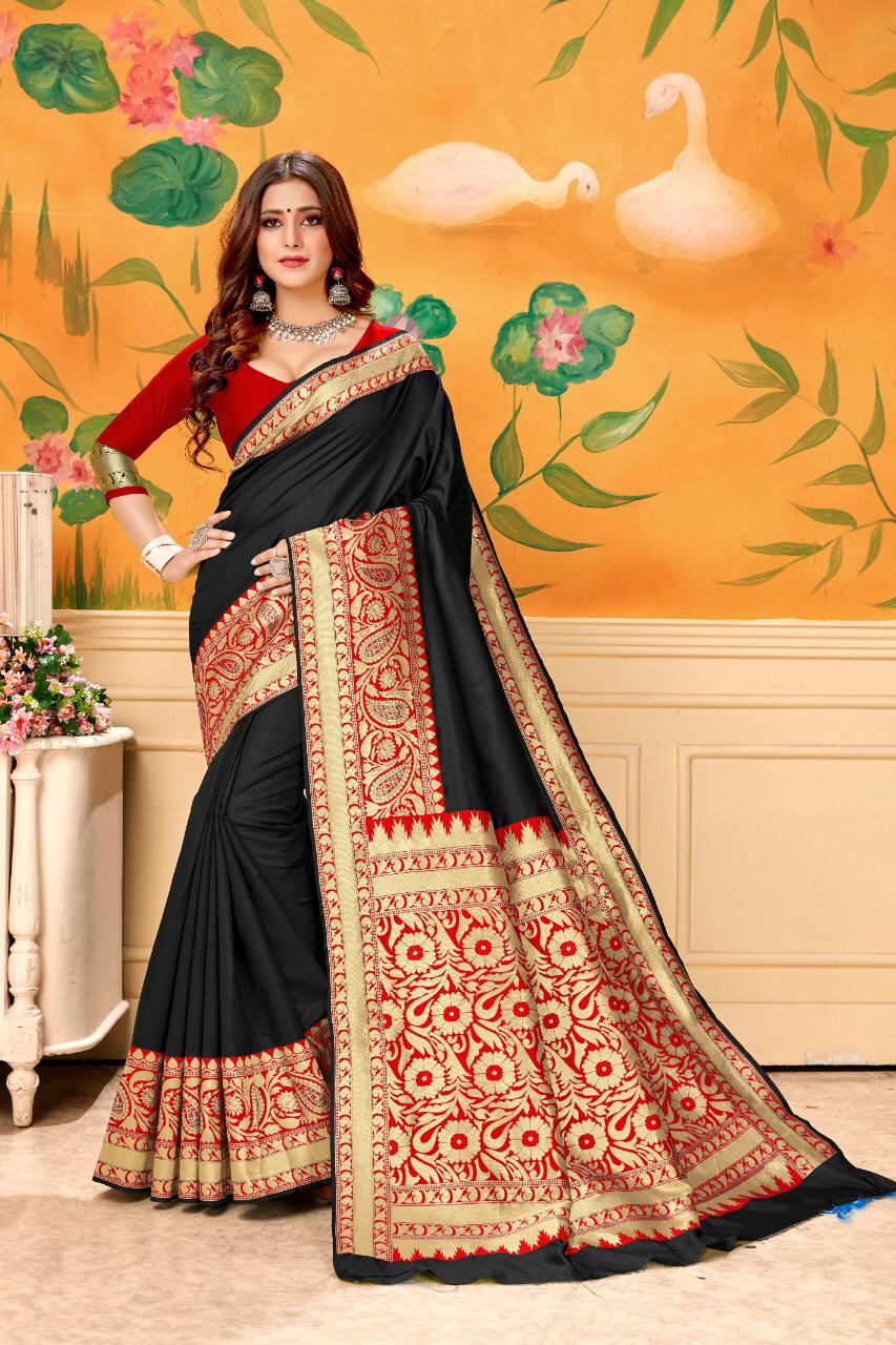 Smashing Black & Red Banarasi Kota Silk Wedding Wear Designer Fancy Saree Online