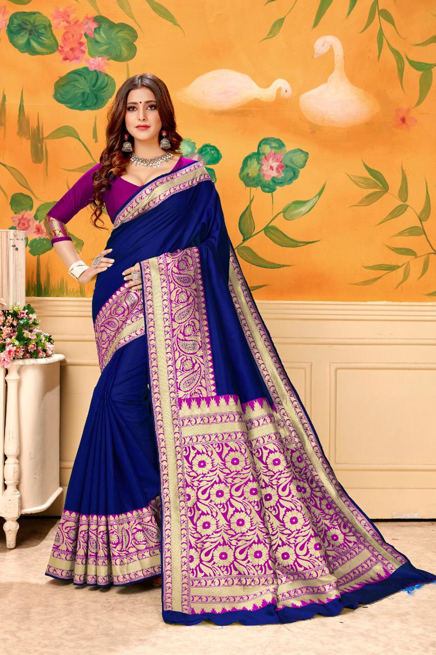Bootylicious Royal Blue Banarasi Silk Wedding Wear Designer Fancy Saree Online