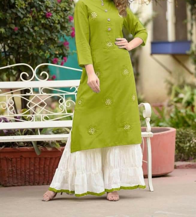 Pulchritudinous Green Rayon With Embroidered Ready Made Plazo Kurti