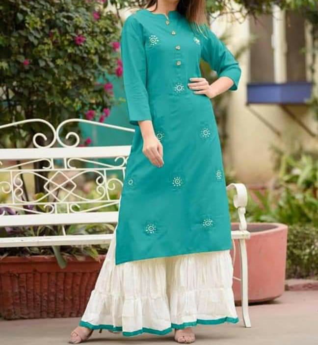 Extraordinary Firozi Rayon With Embroidered Work Ready Made Plazo Kurti