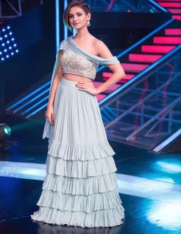 Outstanding Grey Georgette With Zari Embroidered Work New Lehenga Choli Design Online