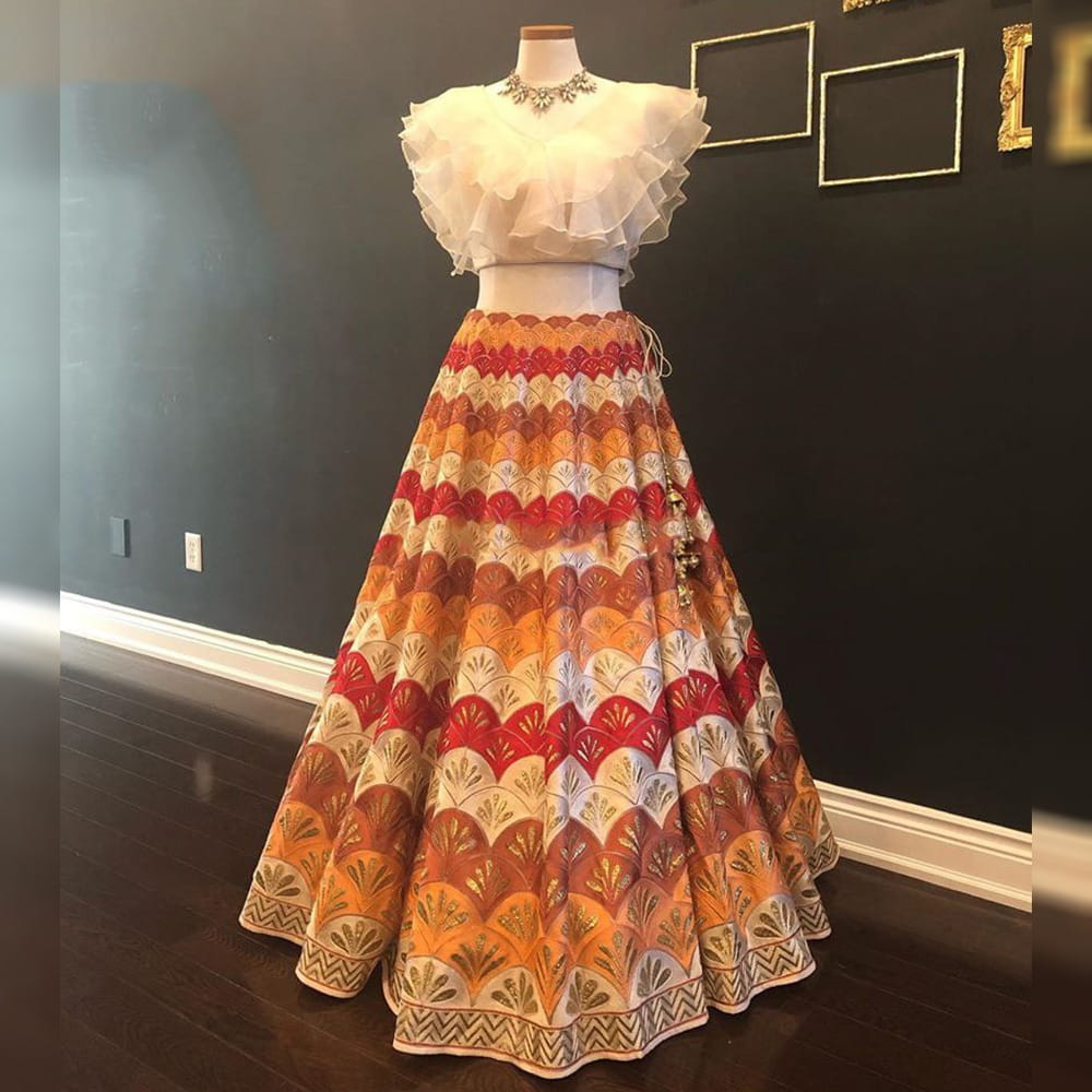 Amazing Off White Crop Top Taffeta Digital Print New Lehenga Choli Design Online