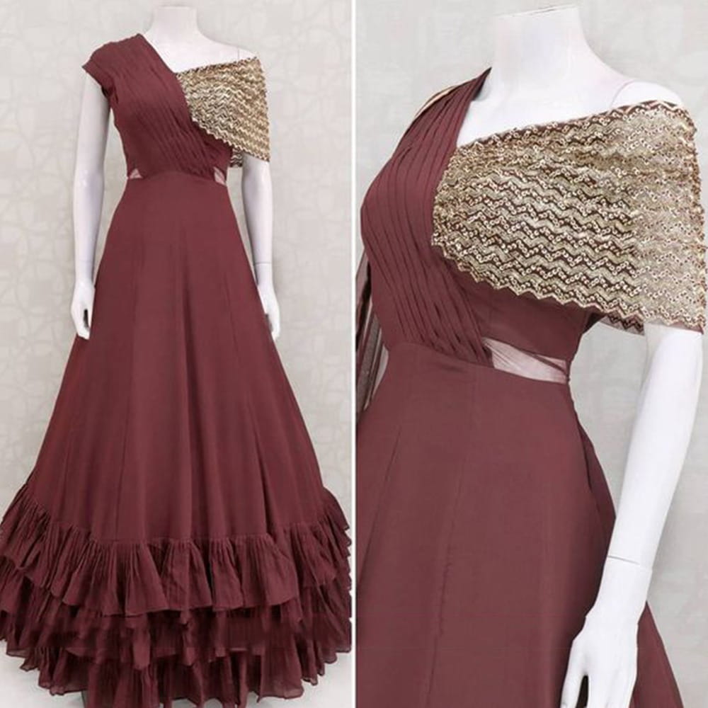 Astonishing Dark Maroon Georgette With Zari Embroidered Work Gown