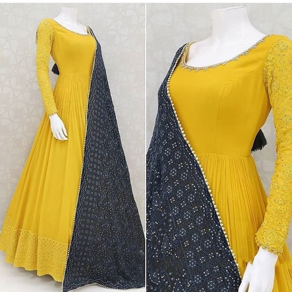 Marvellous Mustard Georgette With Embroidered Thread Work Gown