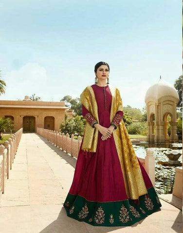 Splendid Maroon Cotton Satin Silk With Embroidered Work Gown