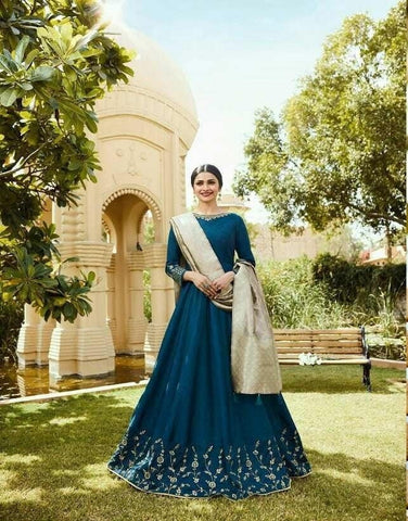 Imposing Rama Blue Cotton Satin Silk With Embroidered Work Gown