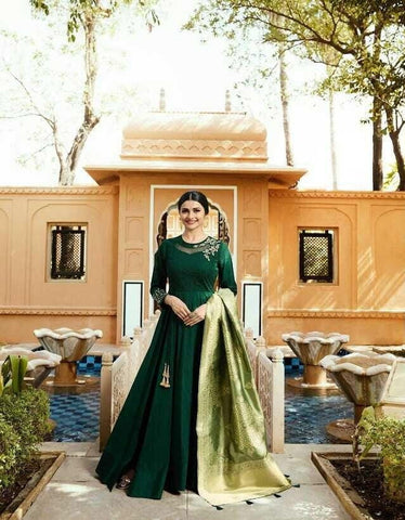 Breathtaking Dark Green Cotton Satin Silk With Embroidered Work Gown