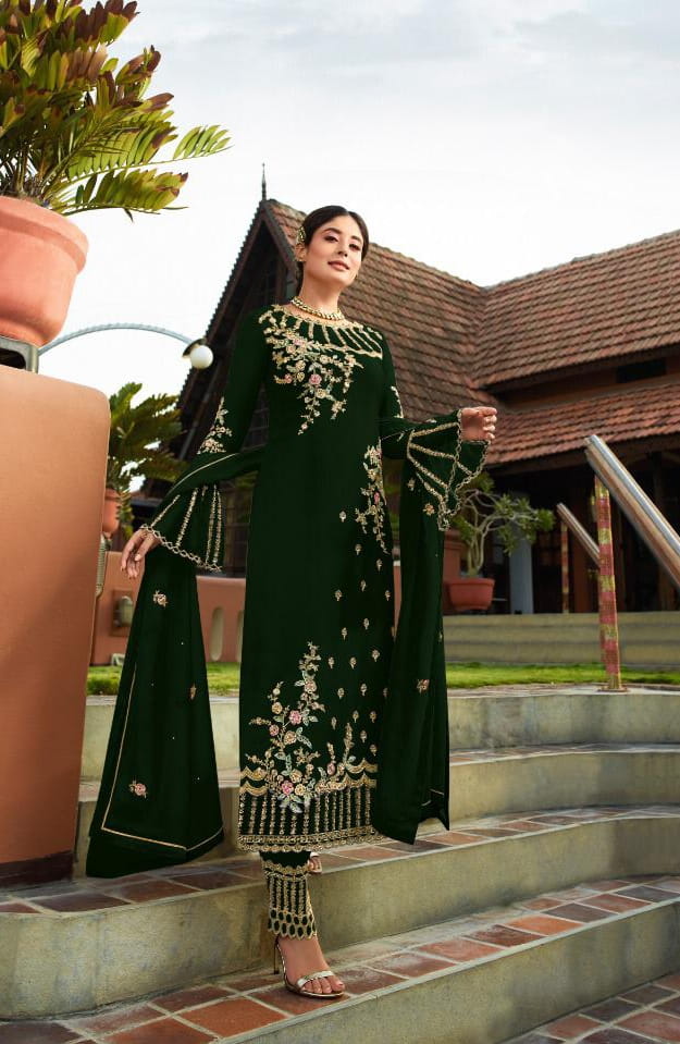 Mind-Blowing Dark Green Georgette With Embroidered Work Plazo New Salwar suit Design Online