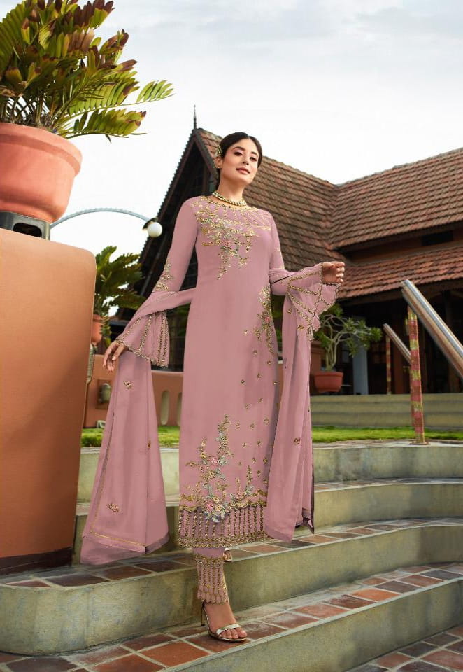 Fantastic Light Pink Georgette With Embroidered Work Plazo New Salwar suit Design Online