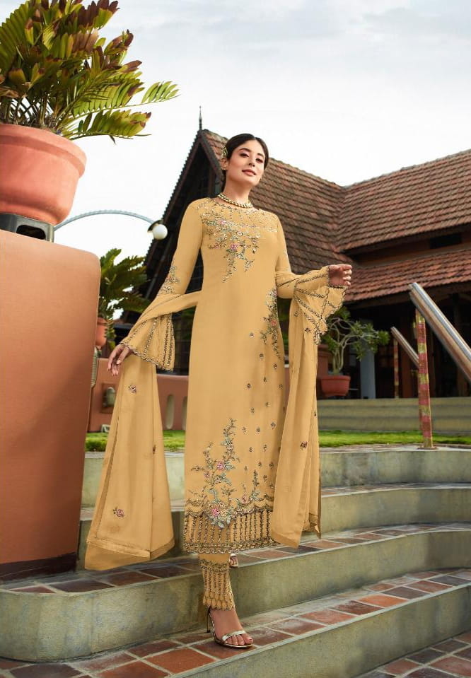 Beautiful Light Mustard Georgette With Embroidered Work Plazo New Salwar suit Design Online