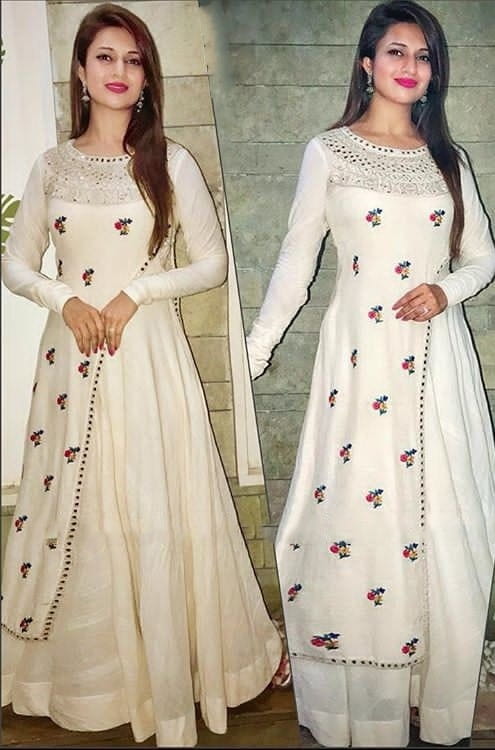 Attractive White Designer Taffeta Silk Embroidered Work Gown