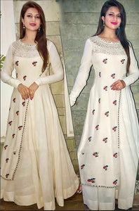 Attractive White Designer Taffeta Silk Embroidered Work Gown
