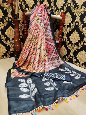 Anchor Color Designer Leheriya Linen Digital Printed Saree Blouse For Wedding Wear