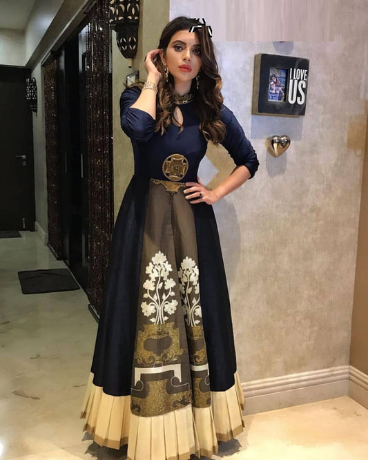 Sensational Taffeta Silk Embroidered Digital printed Semi Stitched Gown