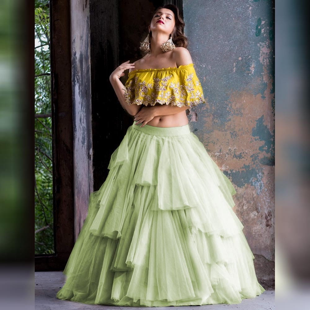 Radiant Pastle Soft net Raffle style New Lehenga Choli Design Online