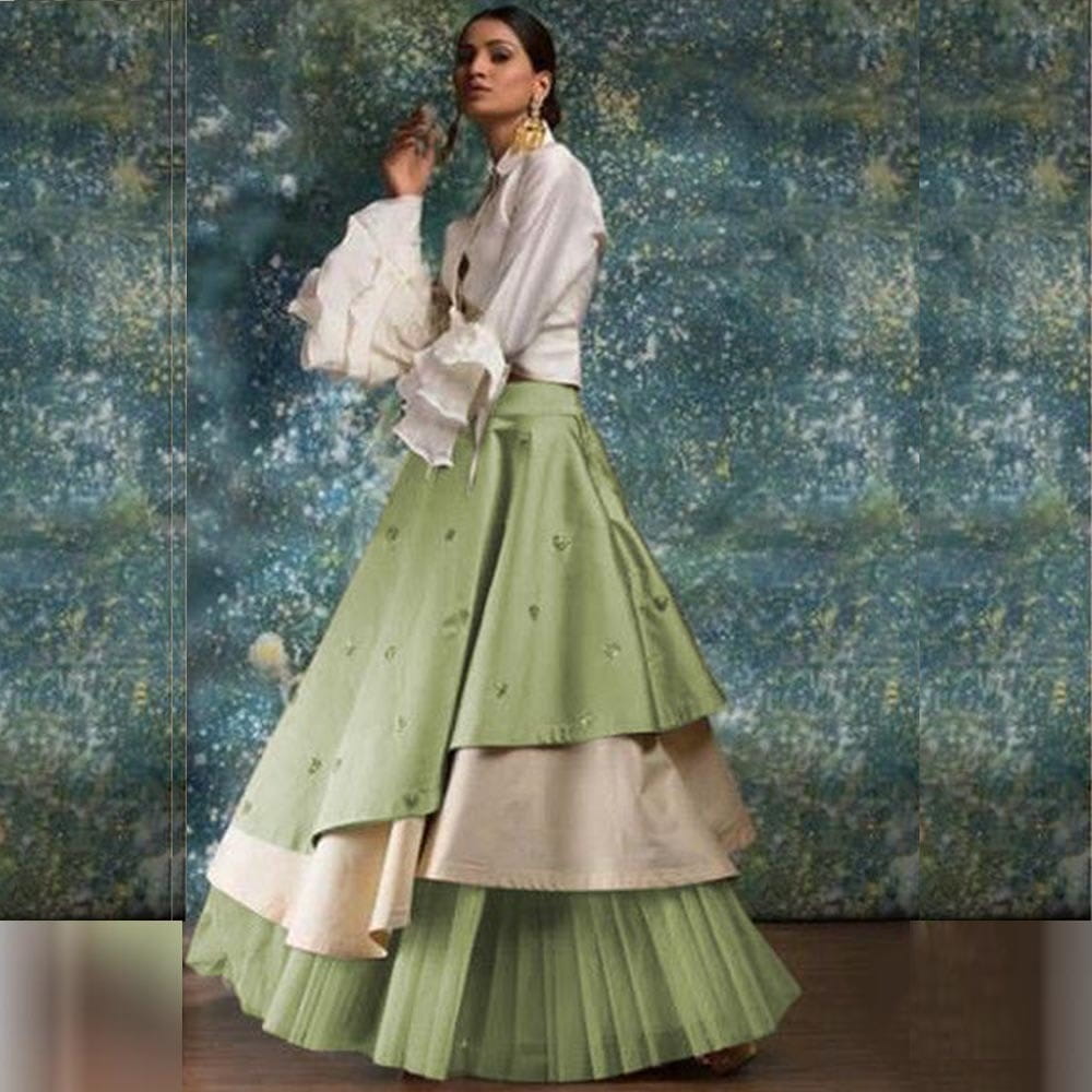 Ravishing Mint Green Taffeta Silk Raffle New Lehenga Choli Design Online