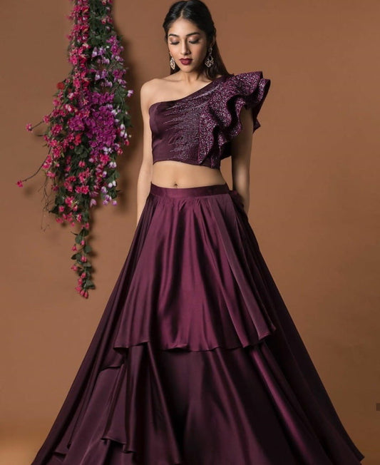Dazzling Wine Color Taffeta Silk New Lehenga Choli Design Online