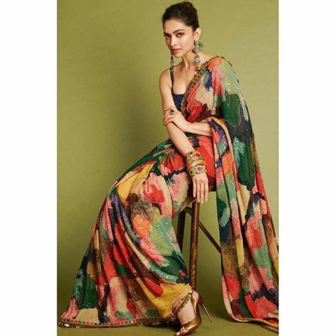 Devastating Dipika Padukone multi color georgette printed Designer Fancy Saree Online with heavy lace