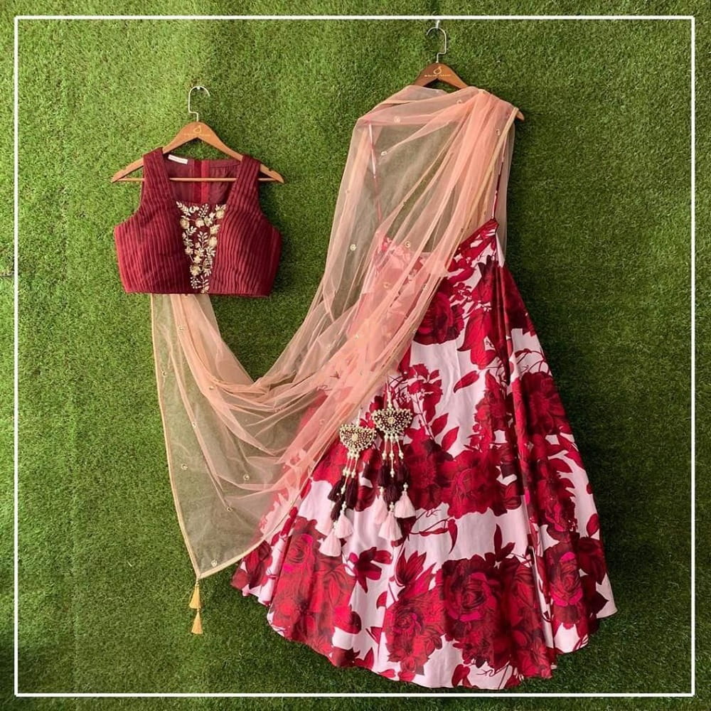 Captivating Red & Maroon Taffeta Silk Digital Print New Lehenga Choli Design Online