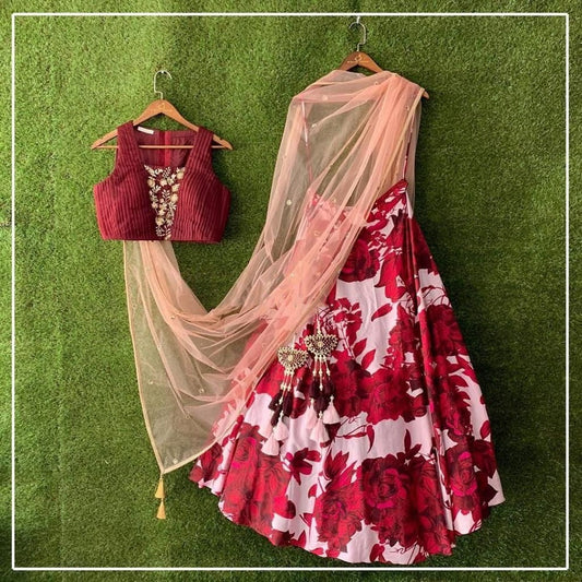 Captivating Red & Maroon Taffeta Silk Digital Print New Lehenga Choli Design Online