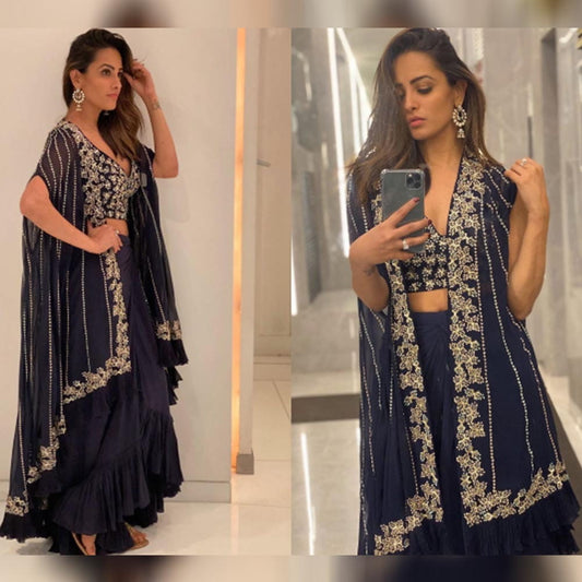 Charming Navy Blue Georgette Indo Western Embroidered Work New Lehenga Choli Design Online