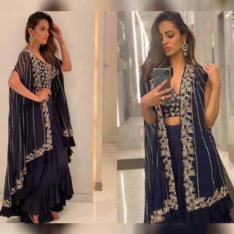 Fashionable Navy Blue Georgette Indo Western Embroidered Work New Lehenga Choli Online