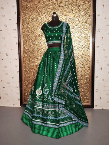 Alluring Dark Green Satin Banglori Digital Print New Lehenga Choli Design Online