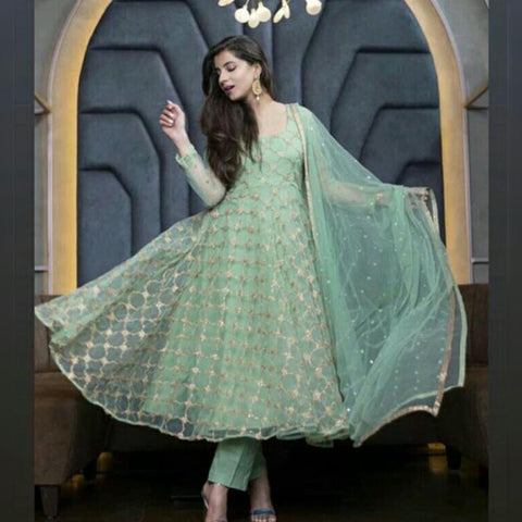 Knockout Pista Green Net With Zari Embroidered Sequence Work New Salwar suit Design Online