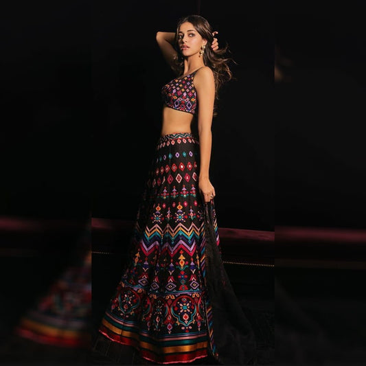 Smashing Black Satin Banglori Digital Print New Lehenga Choli Design Online