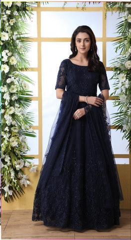 Remarkable Navy Blue Net With Thread Embroidered Stone Pasting Gown