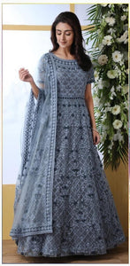Incredible Grey Net With Thread Embroidered Work Stone Pasting Gown