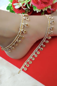 Outstanding Yellow American Diamond Golden Imitation Anklet Set Online
