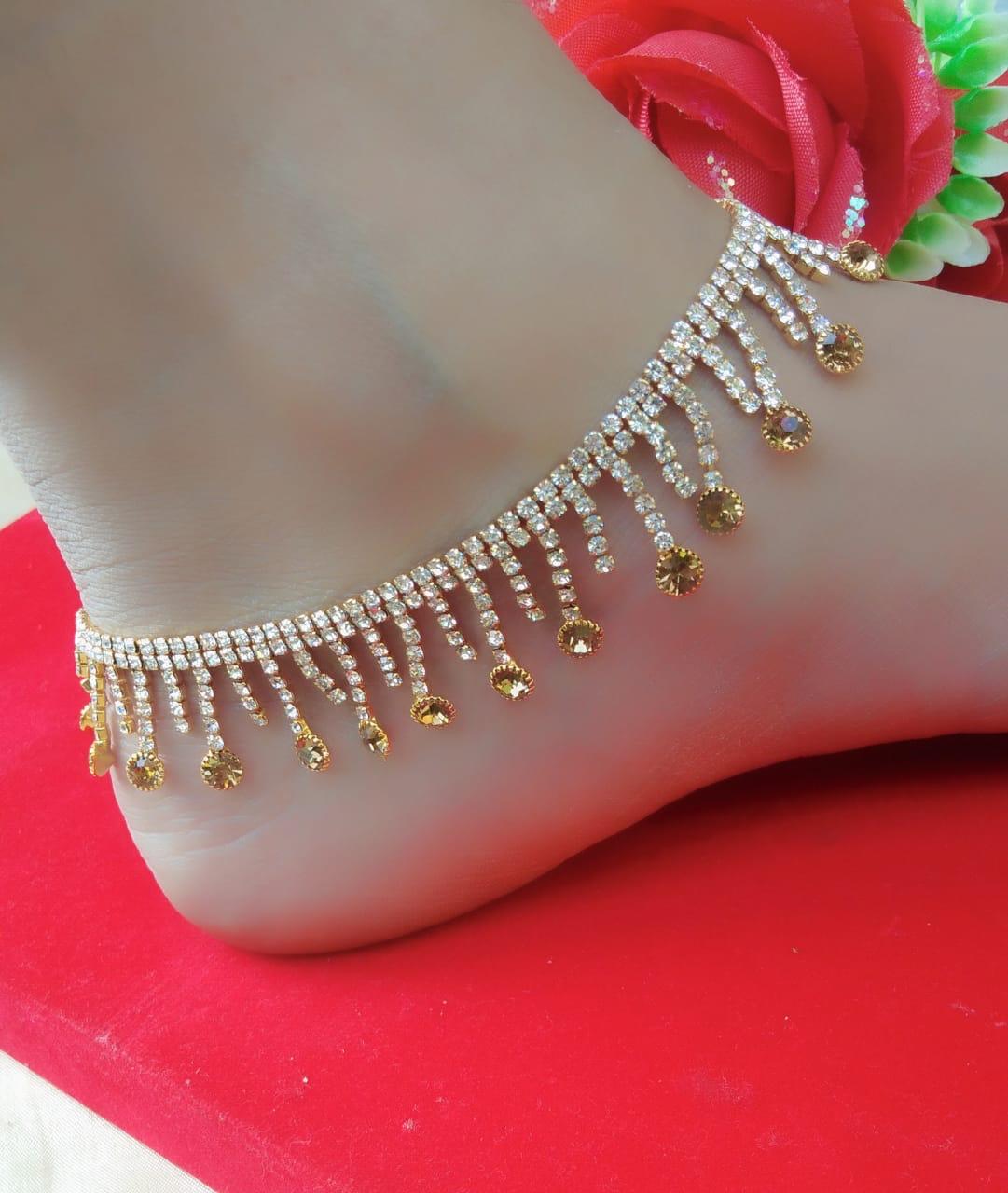 Astonishing White & Yellow American Diamond Artificial Anklet Set Online