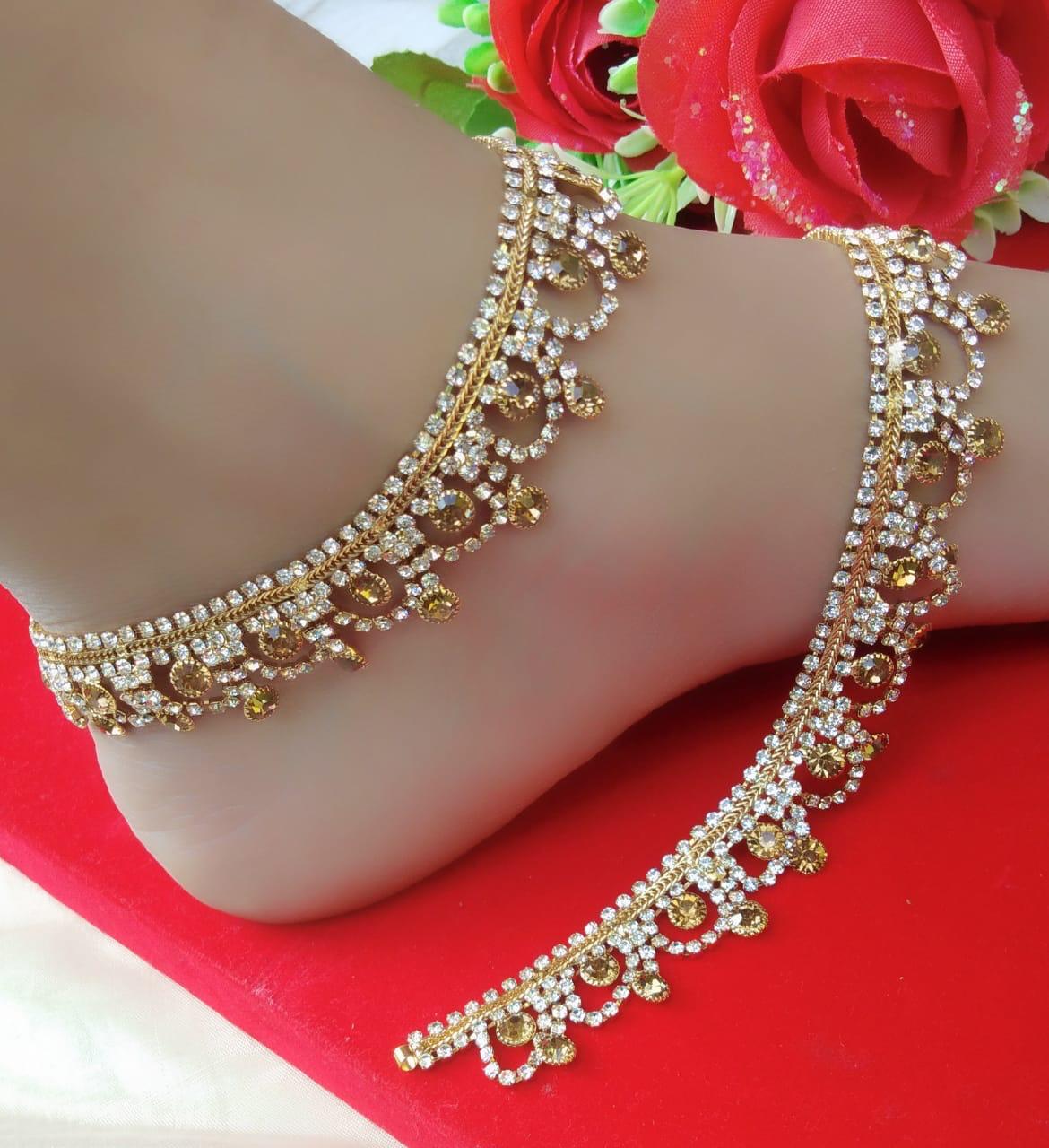 Phenomenal Yellow & White American Diamond Artificial Anklet Set Online
