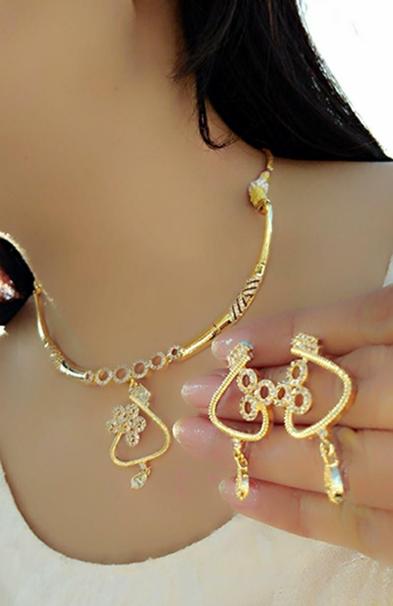 Beautiful Golden American Diamond Imitation Necklace Set Online