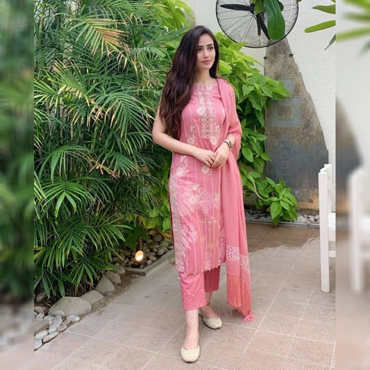 Good-Looking Pink & White Rayon With Moti Beads Work Printed New Salwar suit Design Online