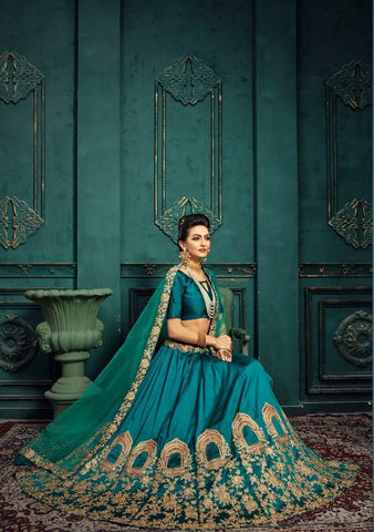 Rama Green Color Taffeta Silk Dori Sequence Embroidered Work Lehenga Choli For Wedding Wear