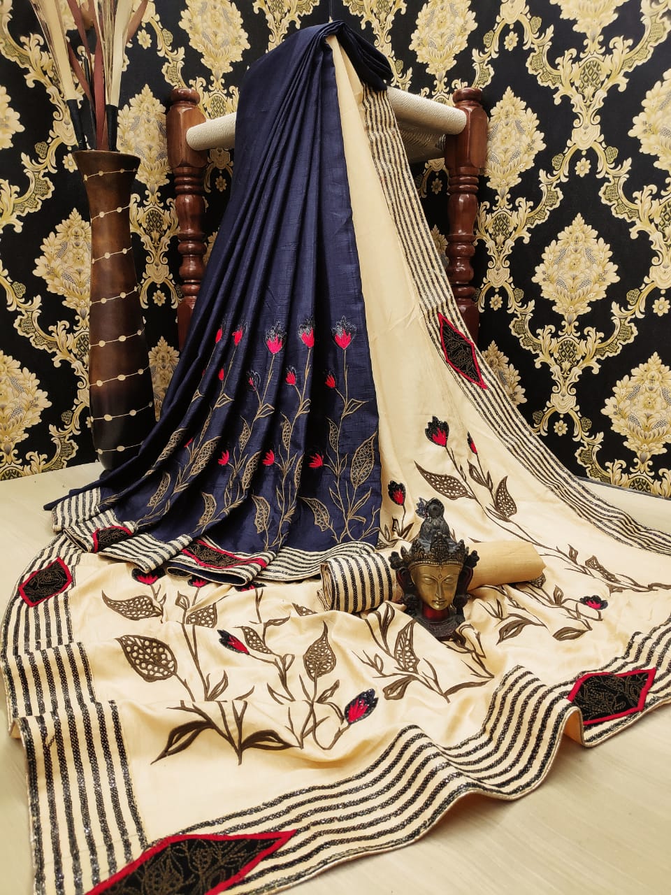 Magnificent Cream & Navy Blue Silk With All Over Sequence Work Designer Fancy Saree Online