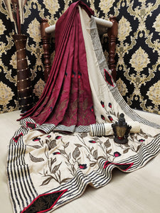 Glorious Cream & Maroon Silk With Multi Sequence All Over Work Designer Fancy Saree Online