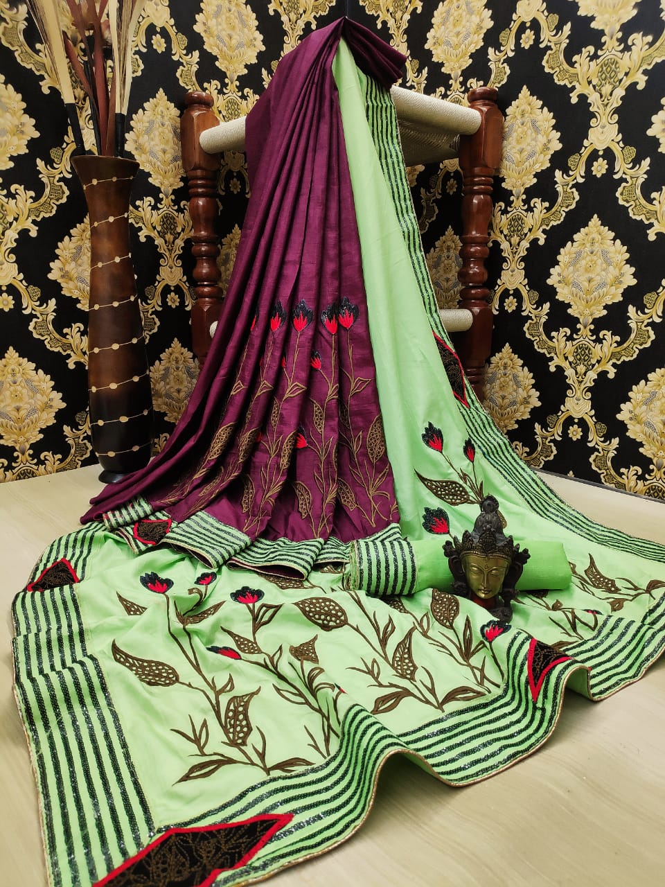 Captivating Pista & Maroon Silk Multi And Sequence Work All Over Designer Fancy Saree Online