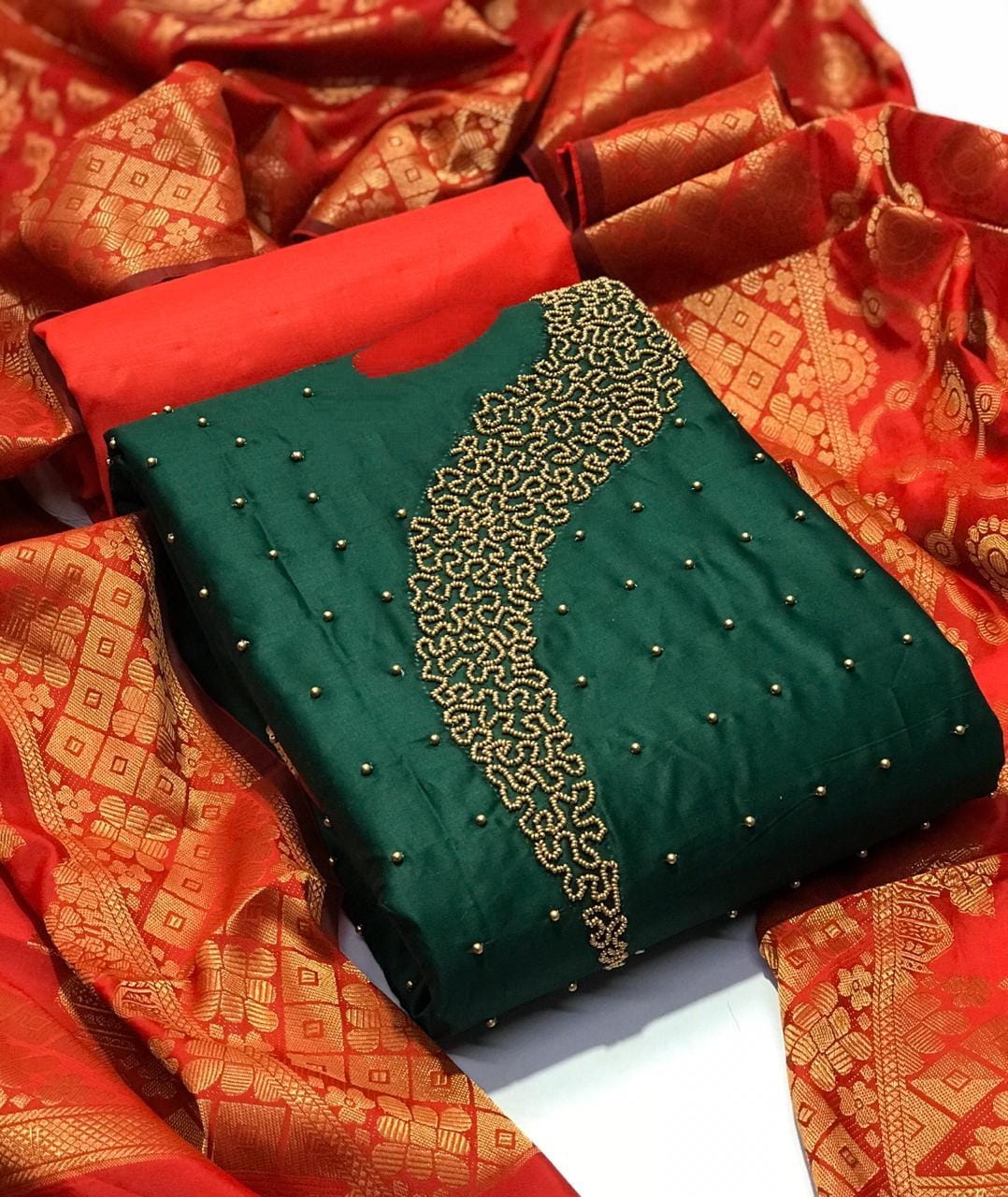 Gorgeous Dark Green chanderi Cotton With hand Work New Salwar suit Design Online