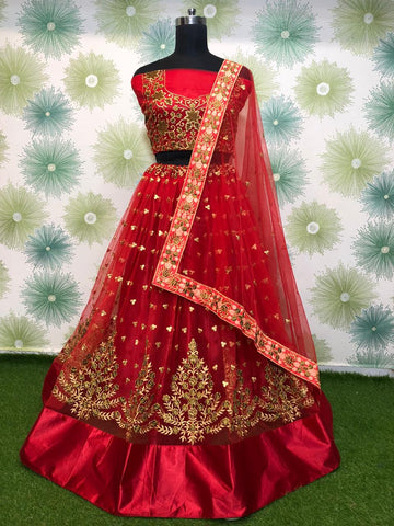 Bootylicious Red Net With Zari Embroidered Work New Lehenga Choli Design Online