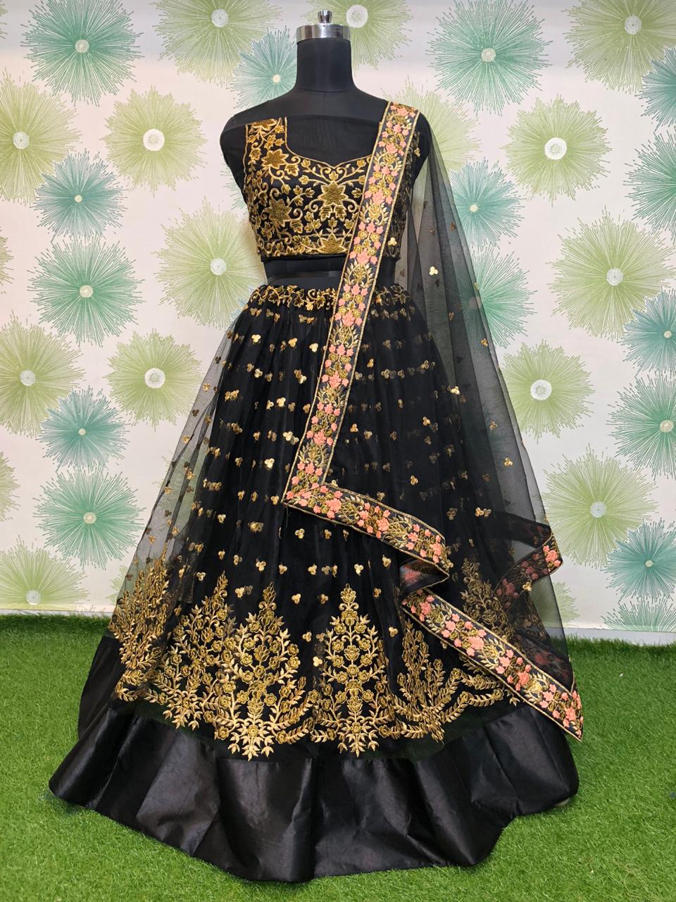 Beauteous Black Net With Zari Embroidered Work New Lehenga Choli Design Online