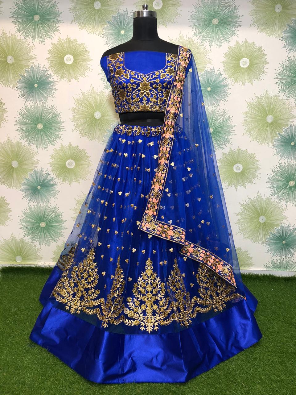 Tremendous Royal Blue Net With Embroidered Zari Work New Lehenga Choli Design Online