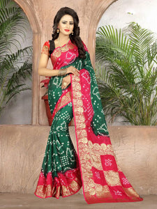 Beautiful Dark Green & Pink Silk Bandhani With Handicraft Designer Fancy Saree Online