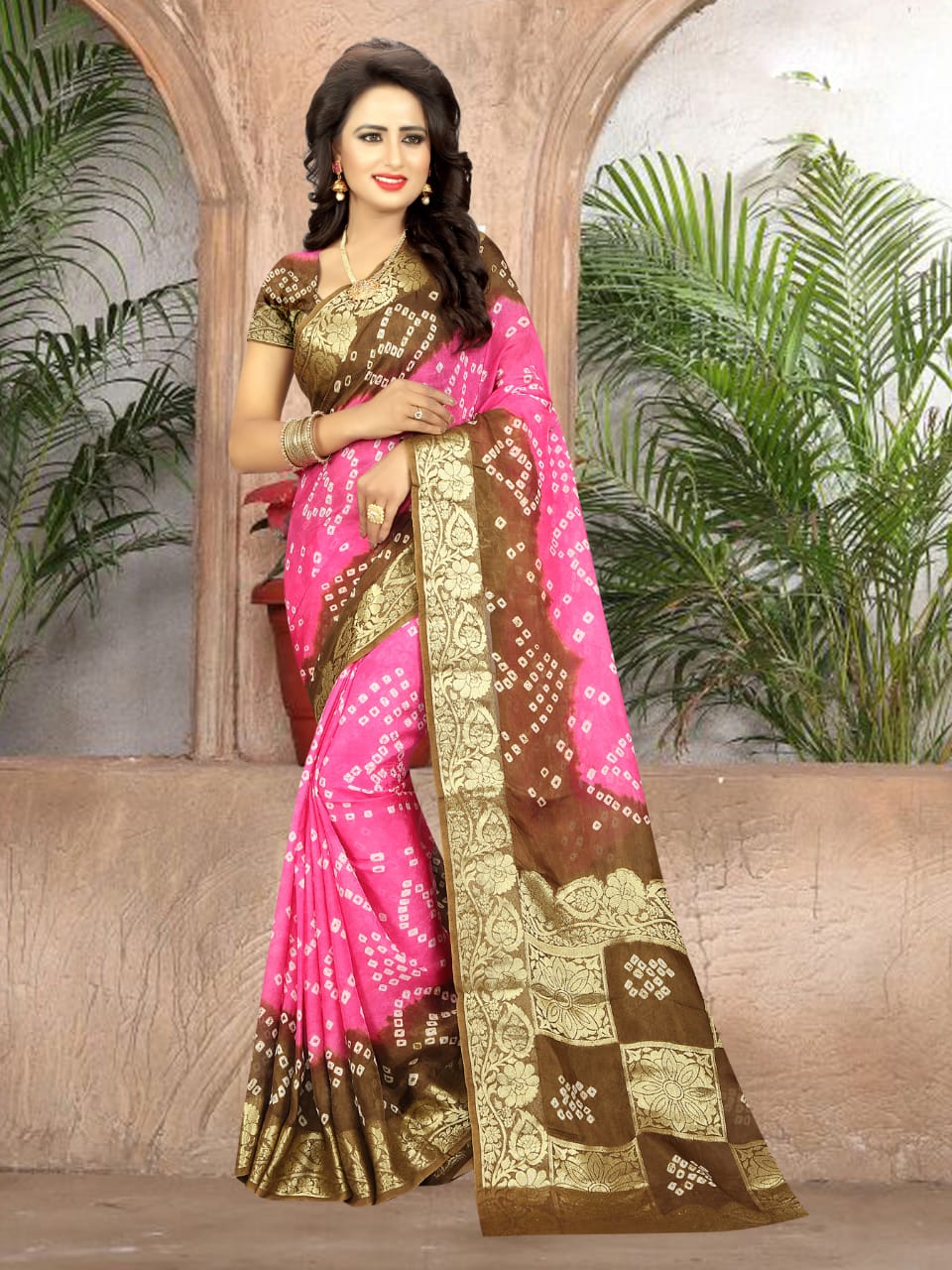Attractive Pink & Cream Handicraft Silk Bandhani Designer Fancy Saree Online