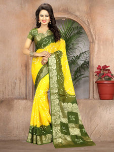 Lovely Yellow & Mehendi Silk Bandhani Handicraft Designer Fancy Saree Online