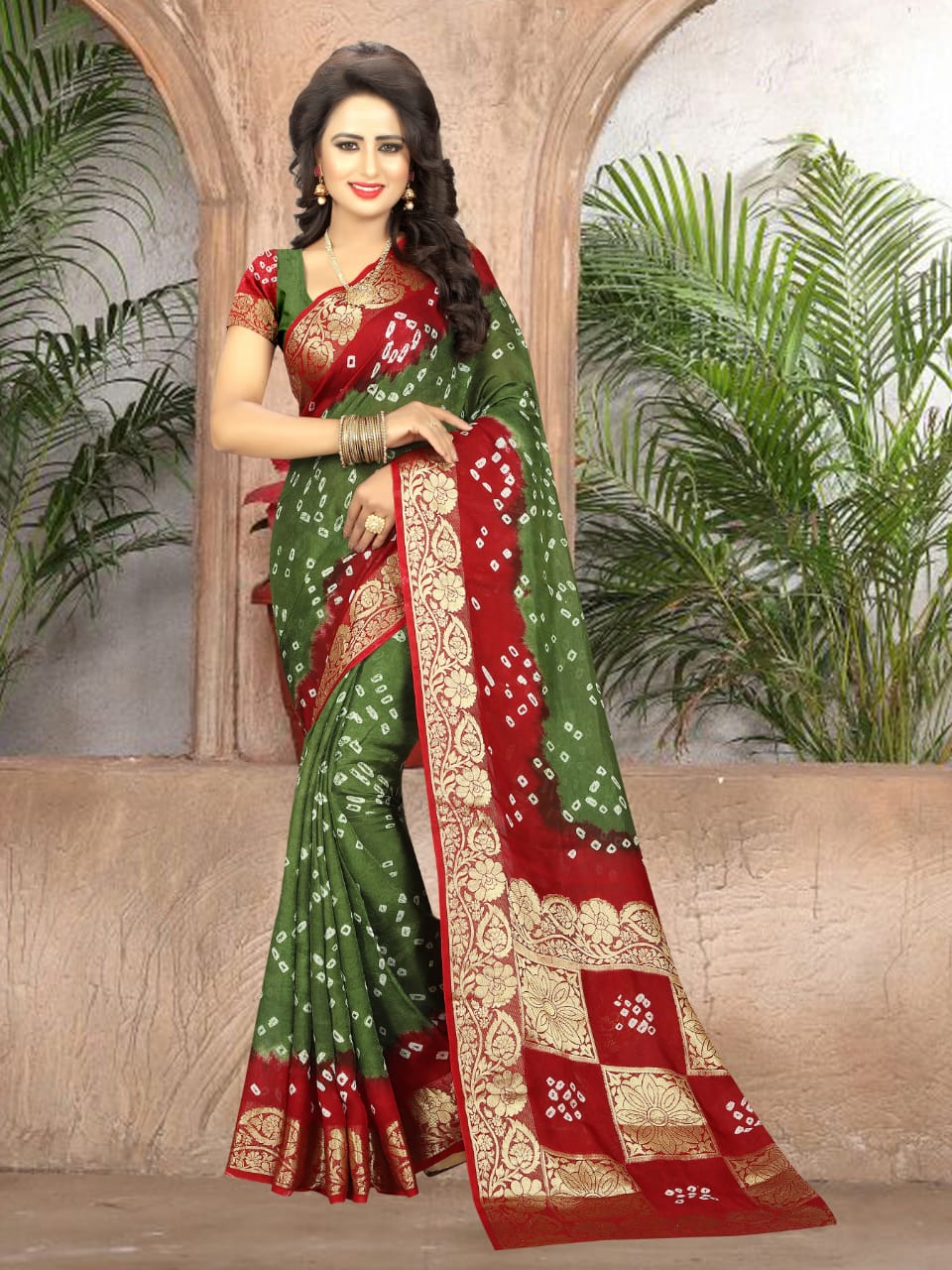 Good-Looking Green & Maroon Silk Bandhani Handicraft Designer Fancy Saree Online