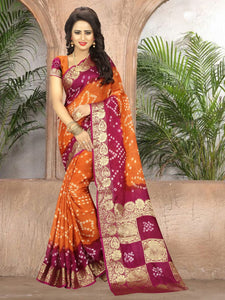 Comely Orange & Rani Art Silk Handicraft Bandhani Designer Fancy Saree Online