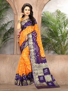 Sensational Mustard & Purple Art Silk Bandhani Handicraft Designer Fancy Saree Online